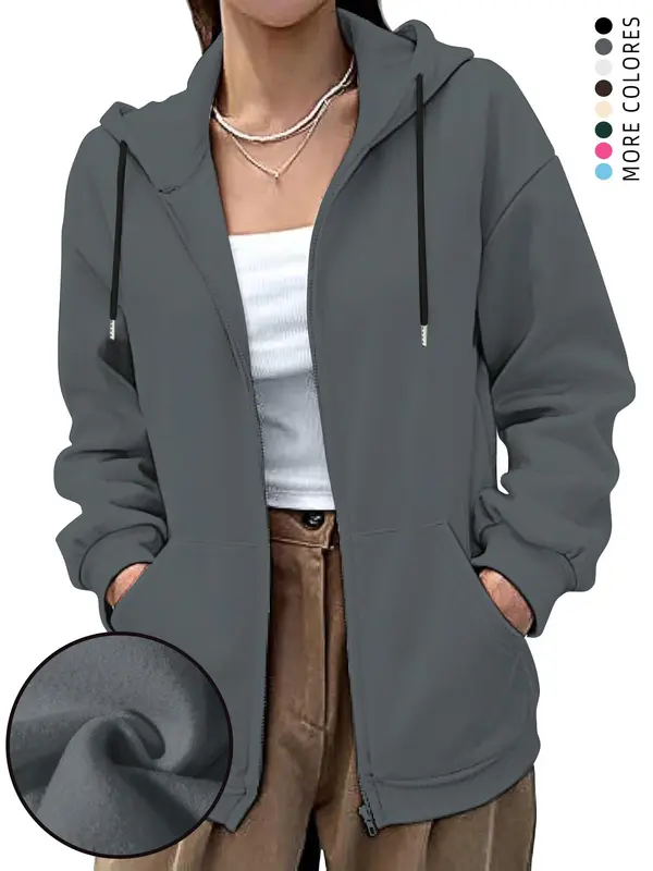 Women's Plain  Zip Up Drawstring Pocket Hoodie, Casual Long Sleeve Hooded Sweatshirt for Fall & Winter, Women's Clothes for Daily Wear 5