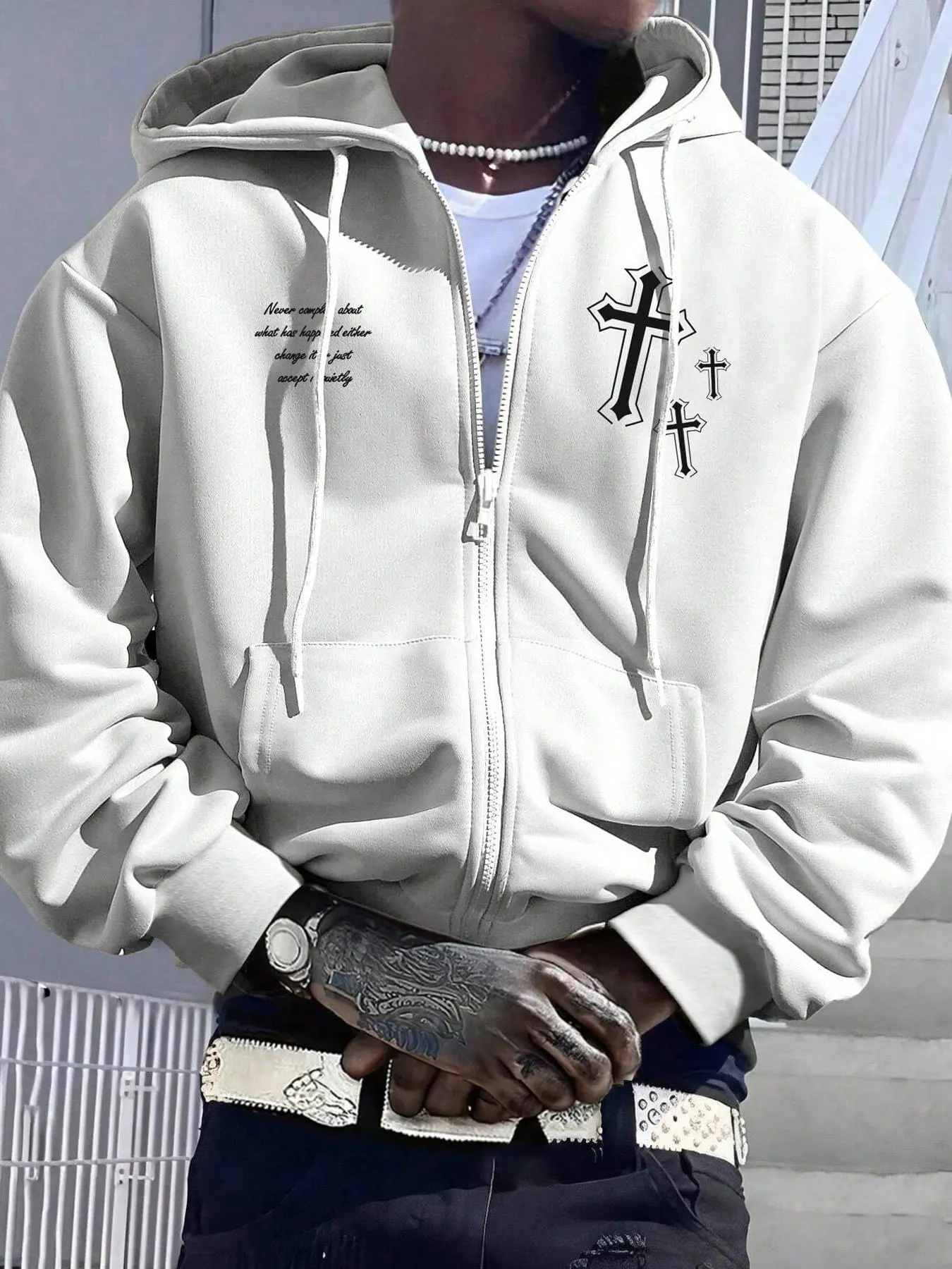 Men's Cross & Letter Print Drop Shoulder Zip Up Hoodie, Fashion Casual Regular Fit Drawstring Pocket Hooded Sweatshirt for Daily Holiday Outdoor Wear, Men Clothes for Fall & Winter