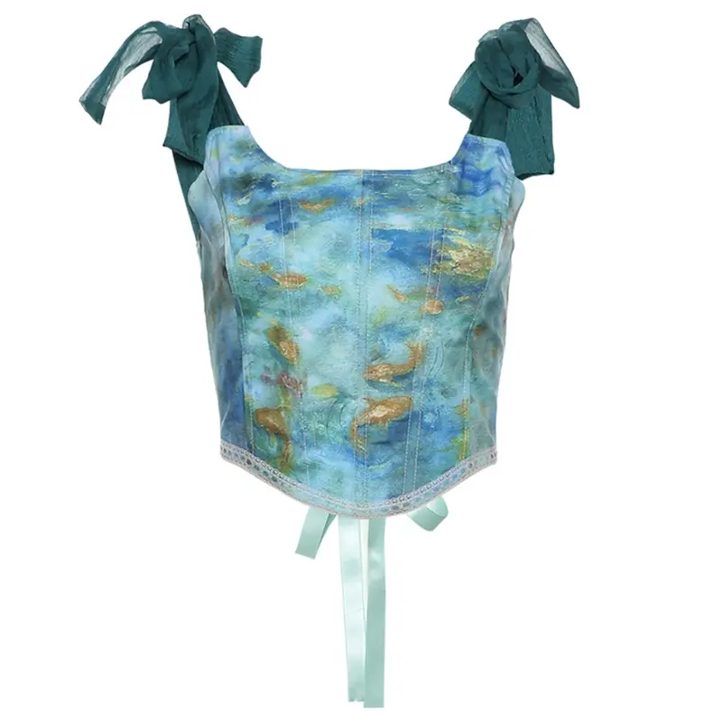 Áo Nịt Ngực Ruy Băng Buộc Dây Cho Nữ, RUNZE, Áo Crop Top, Áo Nịt Ngực Dáng Ôm Vẽ Sơn Dầu Buộc Dây Gợi Cảm