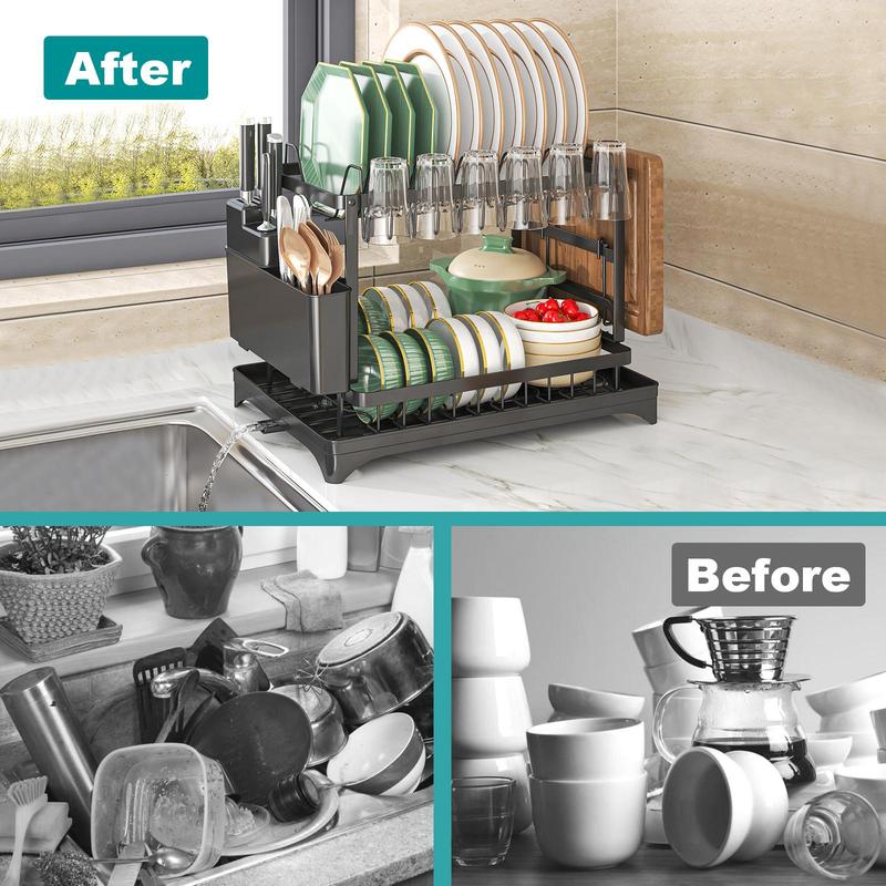 Product Introduction of 2-tier Dish Drying Rack with Utensil Holder, 1 Count Large Capacity Dish Drainer Organizer with Drain Board, Multifunctional Dish Rack for Kitchen Counter 8