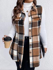 【 Talla grande 】 Abrigo de chaleco frontal con botones y estampado a cuadros, Ropa de abrigo informal sin mangas con cuello para otoño e invierno, Conjunto de regalo para mujer, Ropa de talla grande para mujer para uso diario