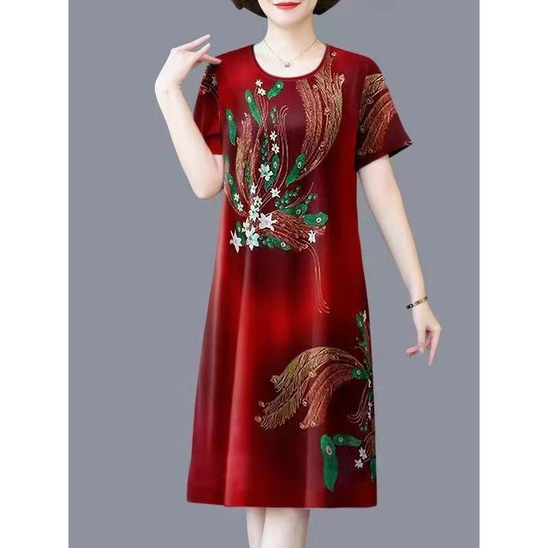 Váy Mùa Hè, Ngoại Cỡ, Cho Mẹ Trung Niên, Quá Gối, Vợ Và Mẹ TRUNG NIÊN Và CAO TUỔI, Váy ngắn Tay, Dáng Rộng Vừa Vặn, Thời Trang, Quần Áo Mùa Hè Nữ Women Dress Voan Đỏ 3