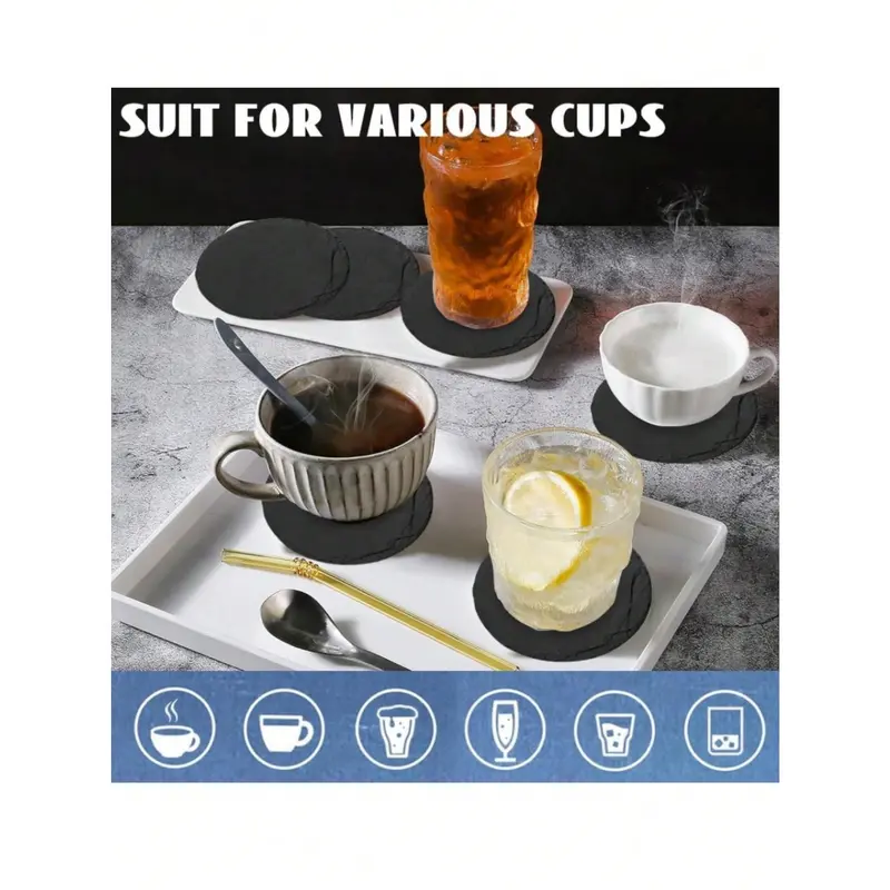 #KUP Slate Beverage Coasters, Black Slate Rock Coasters, Creative Insulation Pads, Blanks With Anti-Scratch Bottom, Suitable For Beverage Halls, Cafes, Kitchens, Home, Office, Restaurants, Apartment Bar And Other Places (Round) 8