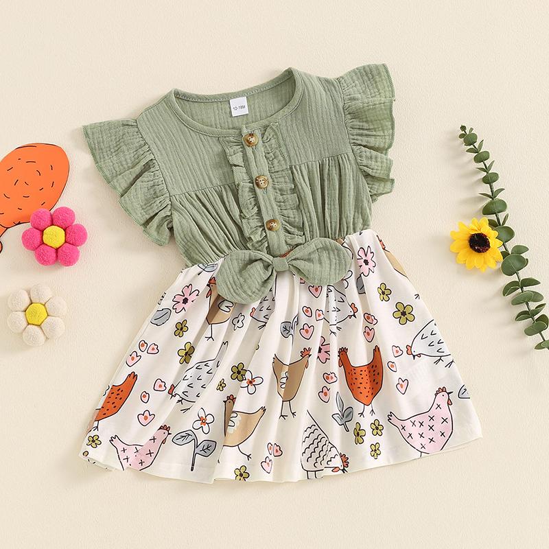 Product Introduction of Girls A-line Dress, Fly Sleeve Crew Neck Bow Chicken Print Casual Dress Summer Dress 48