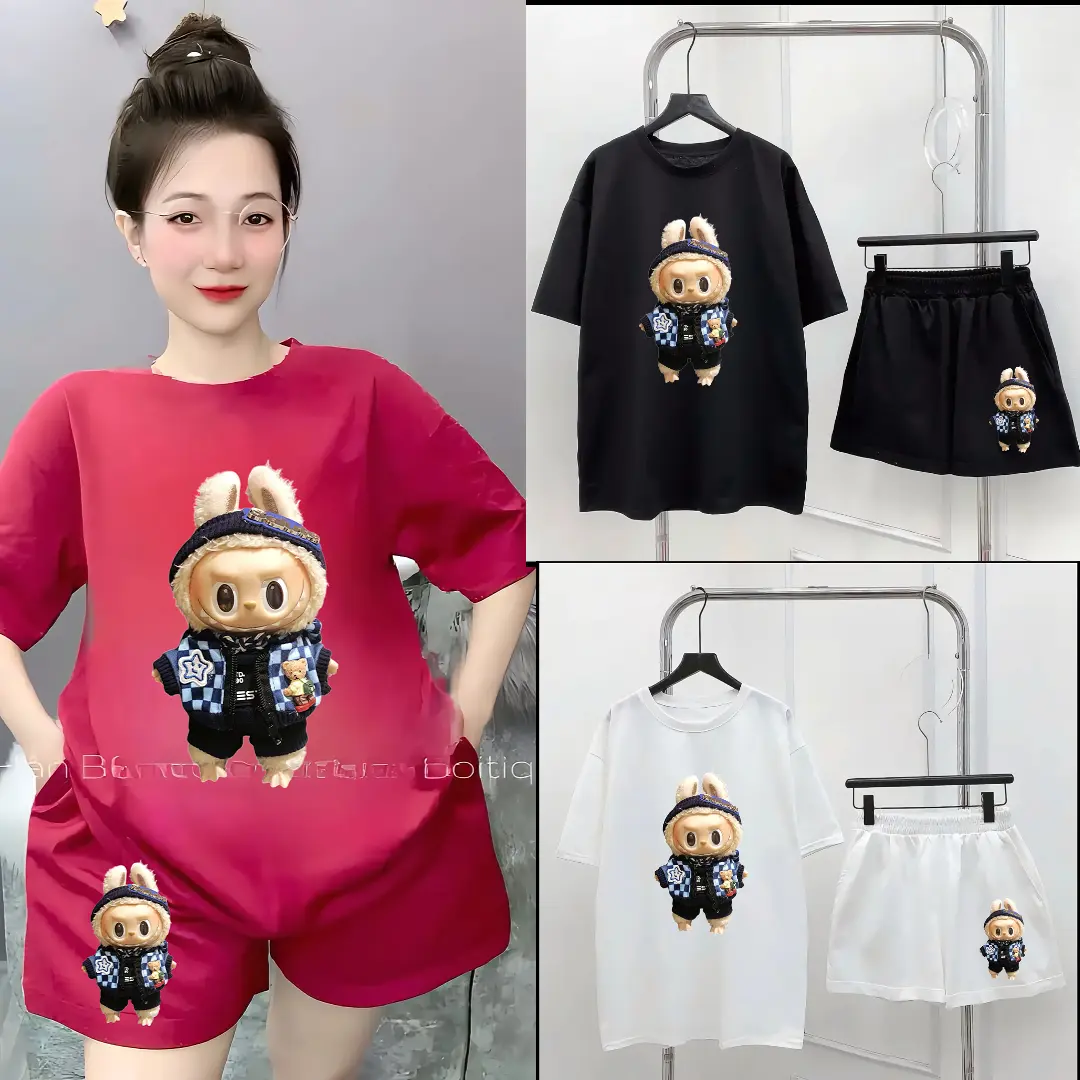 Sét Bộ Đùi Nữ In Hình LaBuBu Áo Đen Cotong Su Co Dãn 4 Chiều - Top, Women