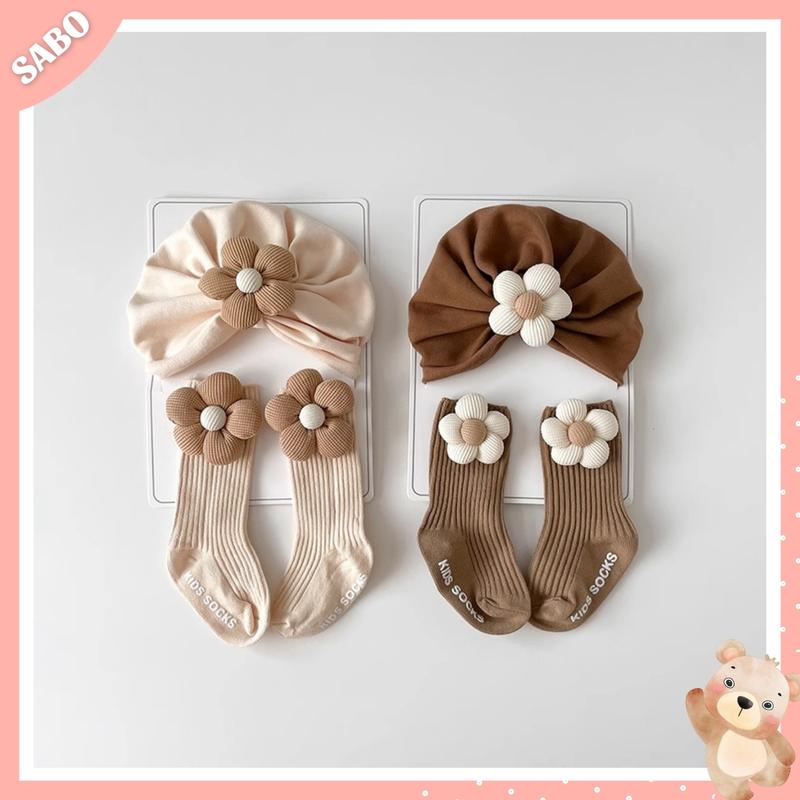 Set Mũ Turban Chất Liệu Nỉ Kèm Tất Vớ Cổ Cao Hình Hoa Phong Cách Hàn Cho Bé Gái 0-12m
