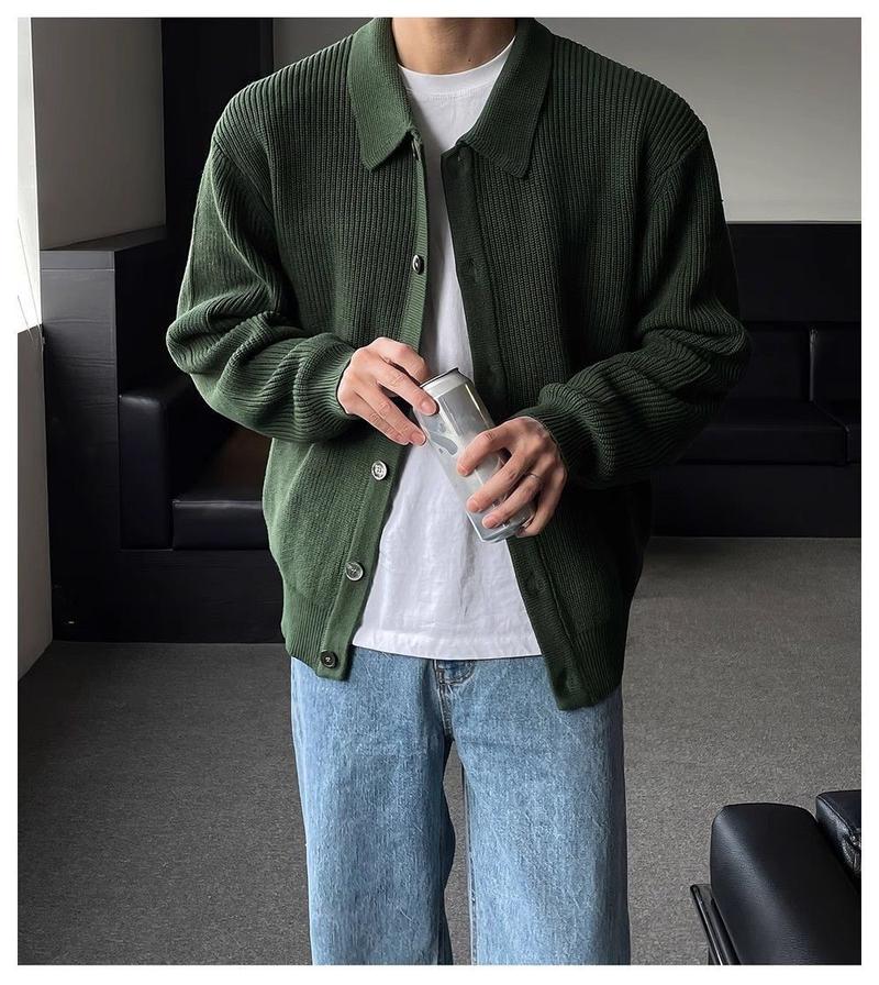 Product Introduction of Áo Khoác Cardigan Len, Màu Xanh Lá Đậm Trơn Cổ Polo, Dáng Rộng Vừa Vặn, Thoải Mái, Mặc Mùa Thu Và Mùa Đông, Phong Cách Hàn Quốc, Thời Trang Nam, Trang Phục Thường Ngày 11