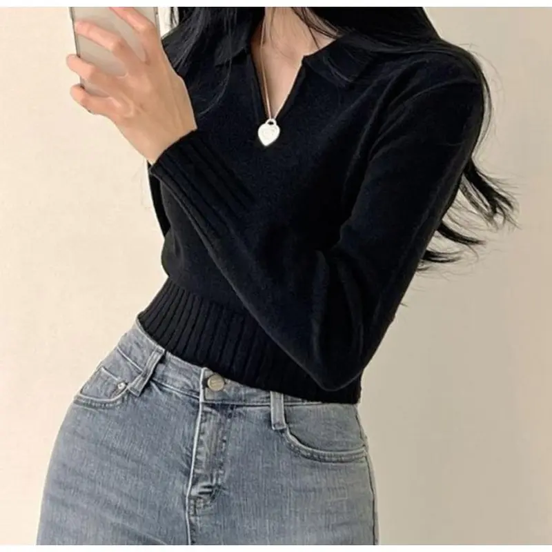 Áo Lớp Nền Dệt Kim Polo, Cổ Chữ V, Dành Cho Nữ, Áo Mặc Bên Trong Mỏng Và Ngắn, Thiết Kế Thời Trang, Áo Len, Thích Hợp Cho Mùa Thu / Đông Năm 2023 2