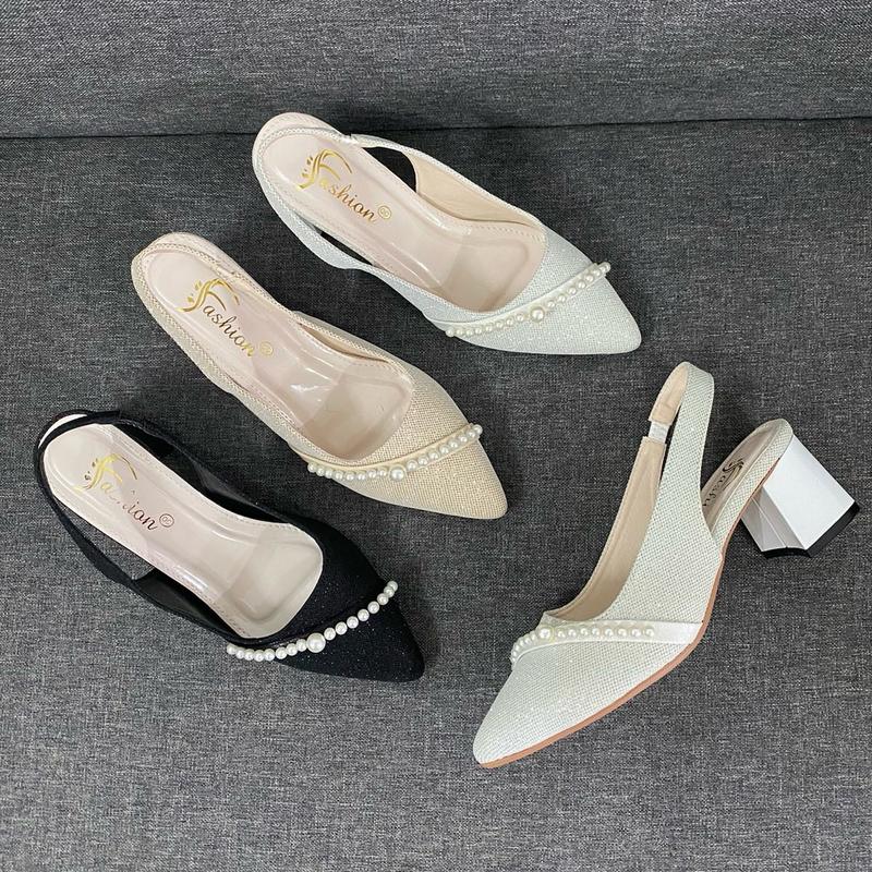 [ CHÂN GẦY LÙI 1 SIZE ] Giày cao gót 5 cm kim tuyến đính ngọc xinh, giày gót vuông đế chống trơn trượt, giày mũi nhọn đi tiệc Nữ Shoes