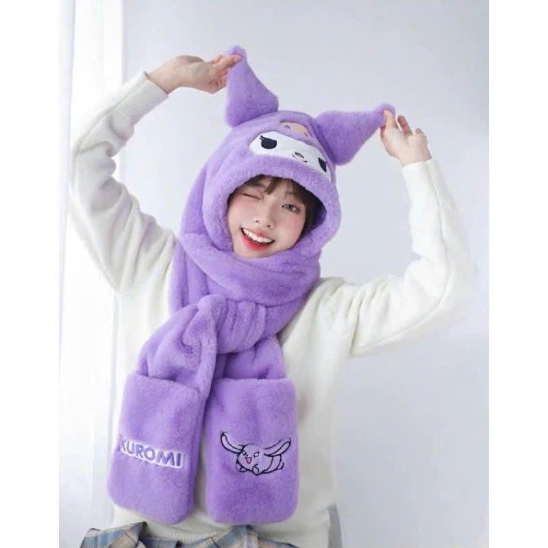 Mũ lông kuromi,melody,cinamorol chùm đầu 3in1 có khăn quàng cổ,găng tay dày dặn mềm mịn cho người lớn và trẻ em Voi 3
