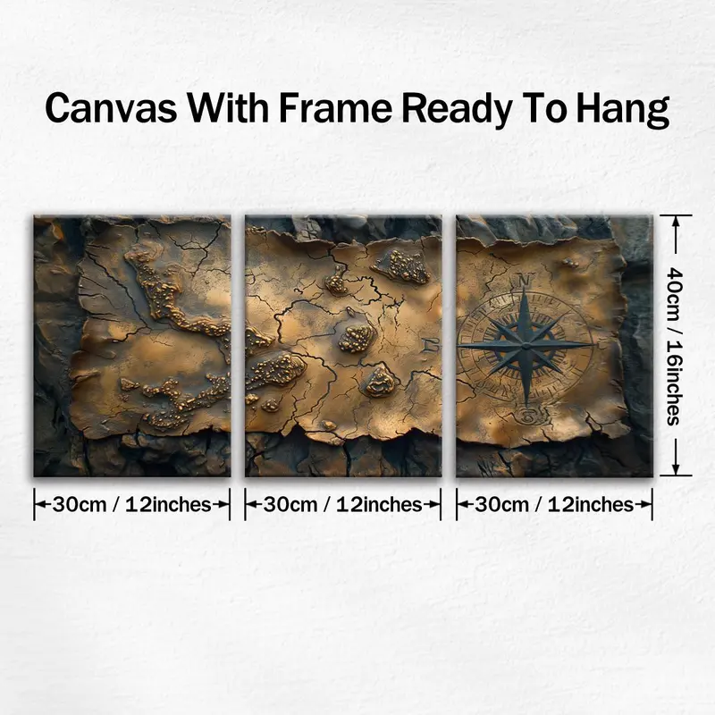 Game Map Pattern Canvas Painting with Frame, 3 Counts/set Retro Map Wall Decoration, Modern Art Wall Art for Home Living Room Bedroom Office 1