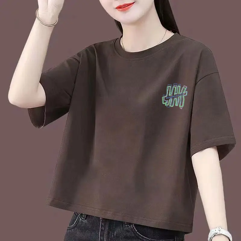 Áo Thun Ngắn, 100% Cotton, Dành Cho Nữ, Phong Cách Hàn Quốc, Dáng Rộng Vừa Vặn, Thiết Kế Ngủ Ngắn, Hàng Mới Về 2024, Áo Thun Cạp Cao 5