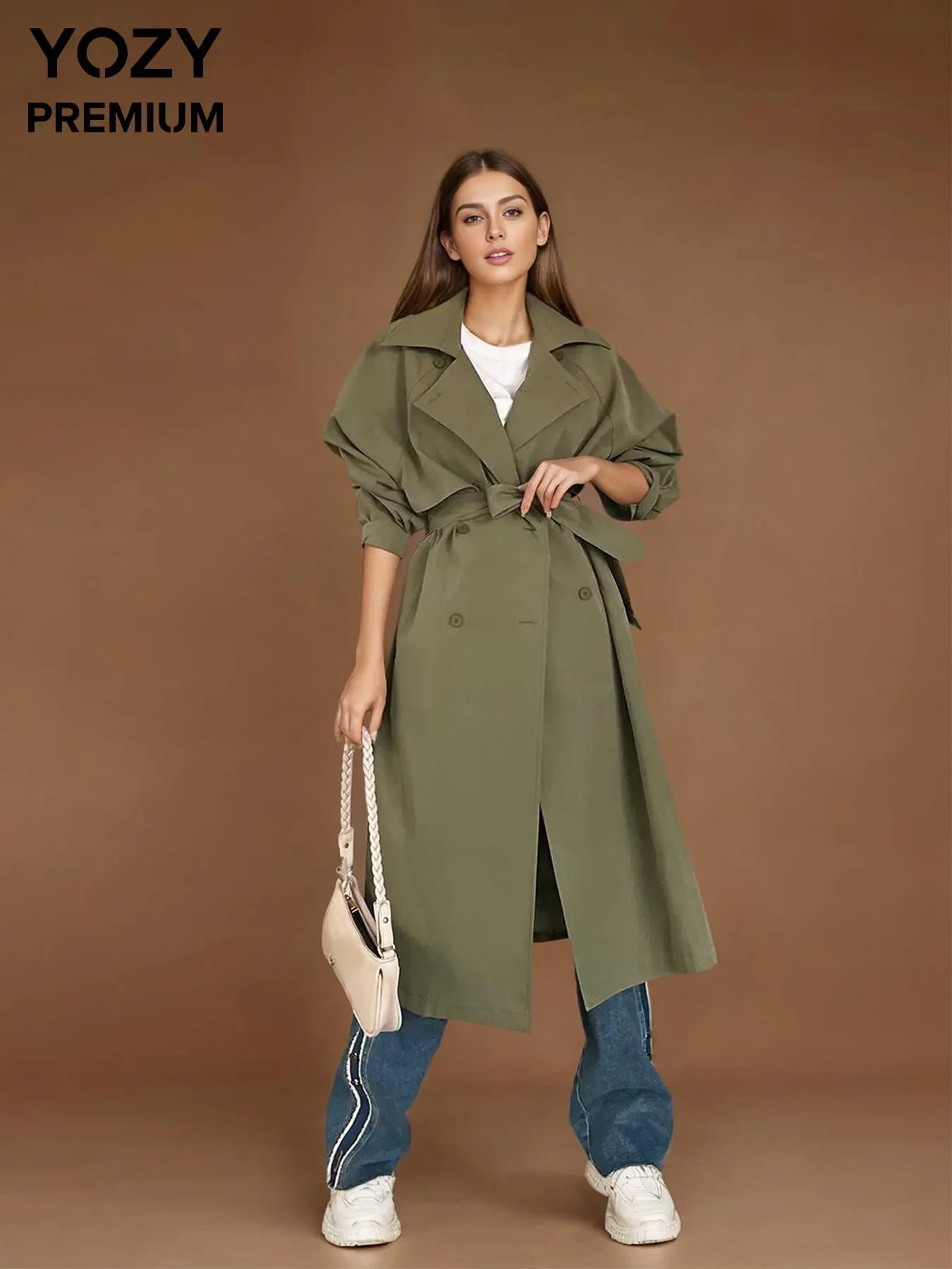 YOZY Women's Solid Double Button Pocket Belted Trench Coat, Elegant Lapel Neckline Raglan Sleeve Outerwear for Fall & Winter, Women's Clothing for Daily Wear