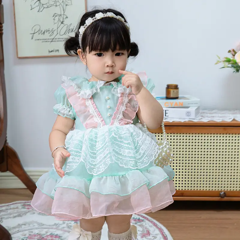 Sweet Toddler Girl's Mint Green and Pink Lolita Dress Set with Pearl Accessories