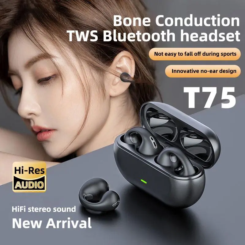 T75 Headphone Bluetooth Klip Telinga Baru 5.3 Headphone Bluetooth Speaker Mini Nirkabel Headphone Olahraga Bass Sekitar 3D dengan Mikrofon