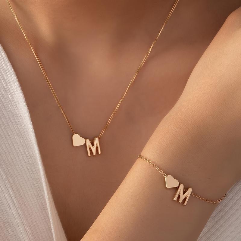 Product Introduction of Tiny Letter Pendant Necklace & Chain Bracelet With Heart Shape Pendant Lovely Jewelry Set 6