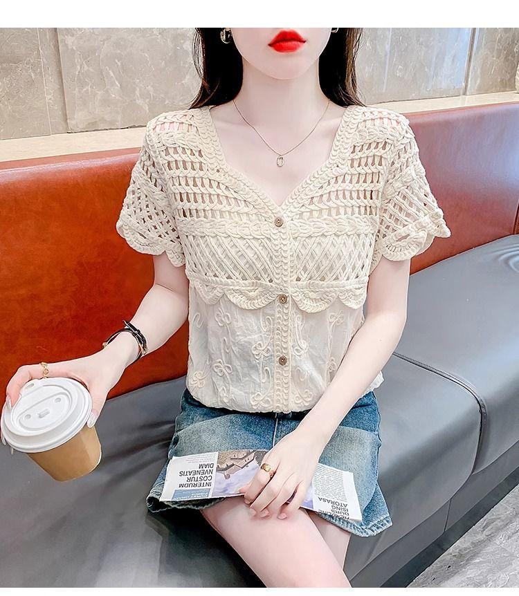 Product Introduction of Áo Cánh Ren khoét Cổ Chữ V, Thiết Kế Độc Đáo Dành Cho Nữ, Phong Cách Thanh Lịch, Trẻ Trung, Bó Sát, Áo ngắn Tay Bộ Sưu Tập Người, Mùa Hè 2024, Hàng Mới Về, [3311] 17