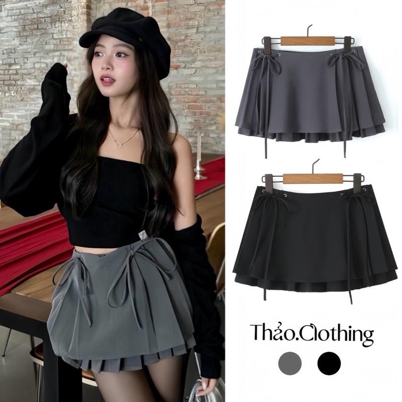 Chân Váy Xếp Ly 2 Tầng Thắt Nơ Dáng Ngắn Có Quần Bảo Hộ Cho Nữ - Women Kem Voan Voi