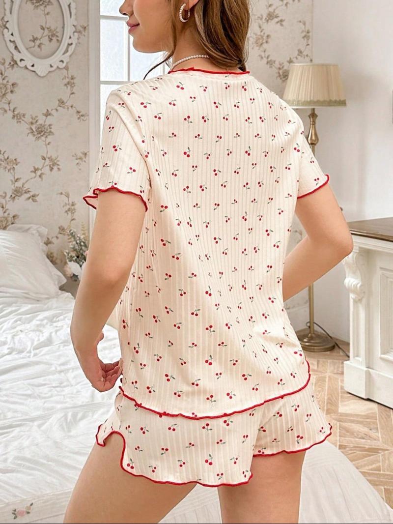 Product Introduction of Women's All Over Cherry Print Lettuce Trim Round Neck Tee & Elastic Waist Shorts Pyjama Two-Piece Set, Casual Comfy Crew Neck Short Sleeve T-shirt & Curved Hem Shorts PJ Set, Ladies Summer Sleepwear 9