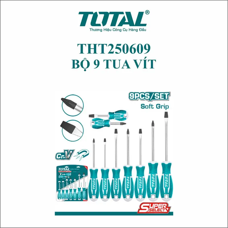 Bộ 9 tua vít dẹp & bake THT250609 CR-V SL6.5*6*38 SL3.0*3*75 SL4.0*4*100 SL5.5*5*100 SL6.5*6*125 PH0*3*75 PH2*6*38 PH1*5*100 PH2*6*125 3