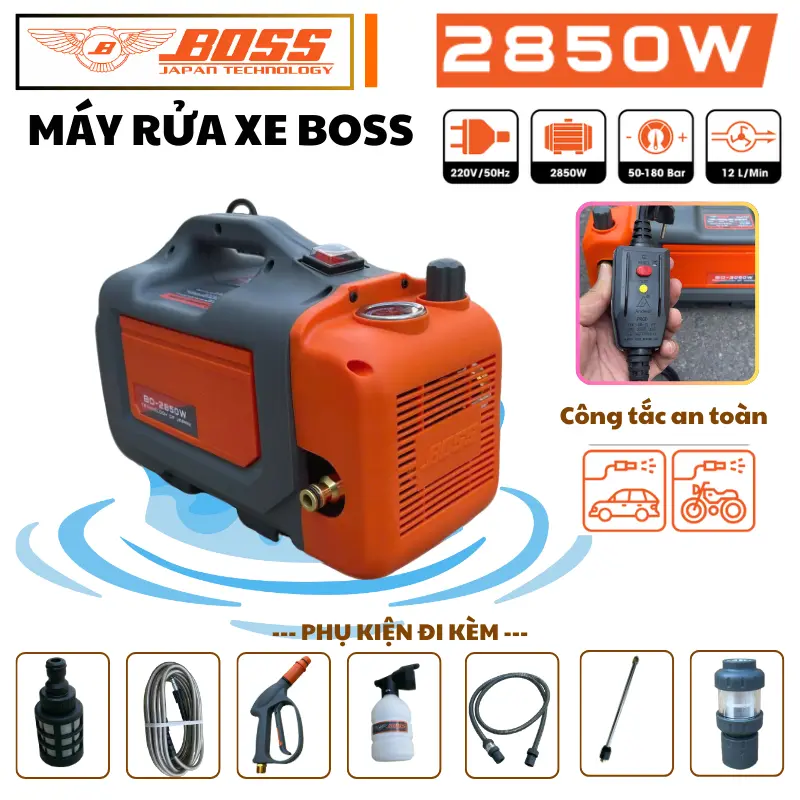 Máy rửa xe gia đình BOSS Model BO-2850W, công suất 2850W, áp mạnh 180 bar, mô tơ lõi đồng, chống giật 0