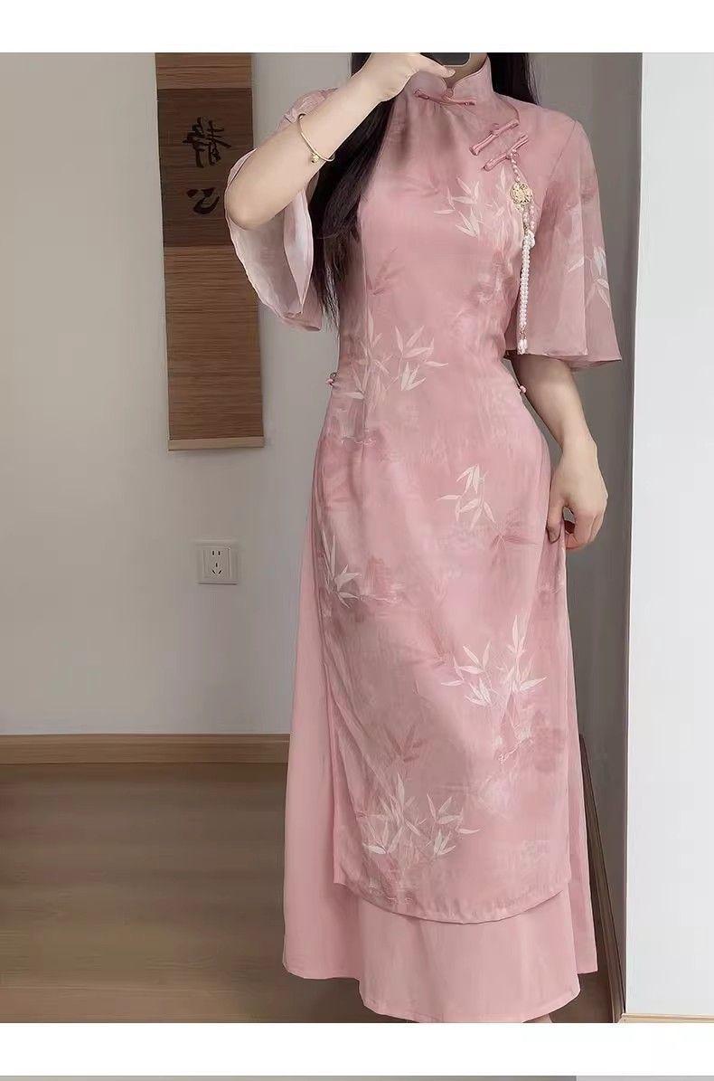 Product Introduction of Áo Dài, Sườn Xám Ao Dai Hồng, Thiết Kế Trung Quốc Mới, Cải Tiến Mới, Thích Hợp Cho Các Cô Gái Trẻ Và Dáng Ôm, Mặc Mùa Hè, Thích Hợp Cho Các Hoạt Động Hàng Ngày, Quần Áo Trà 9