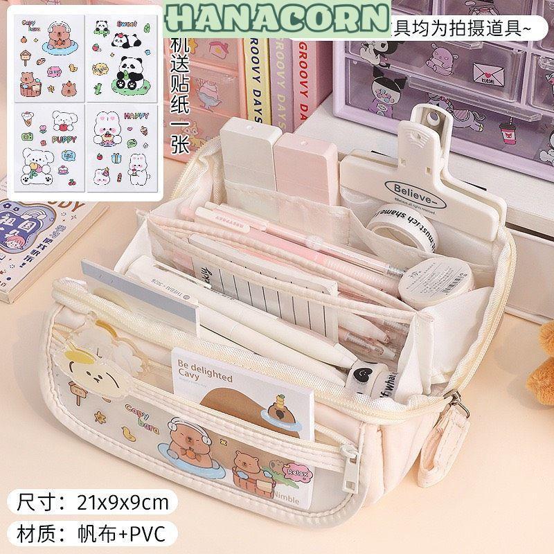 Túi đựng bút nhiều ngăn (tặng sticker Capybara) màu Pastel dung tích lớn (HANACORN) - Hộp bút, túi đựng bút 9 ngăn
