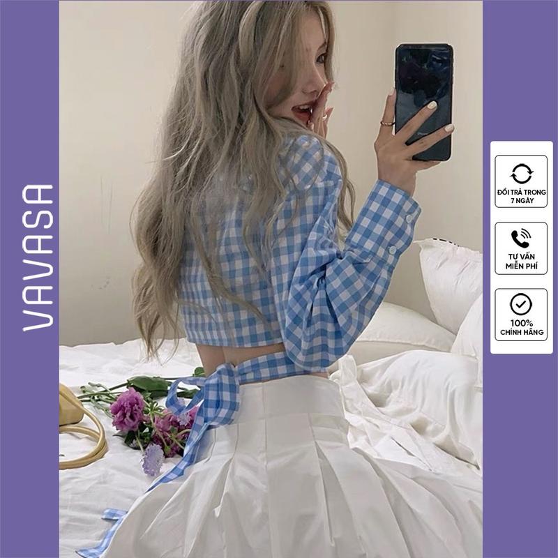 Áo sơ mi nữ caro crotop thiết kế dây thắt nơ tôn dáng SM179