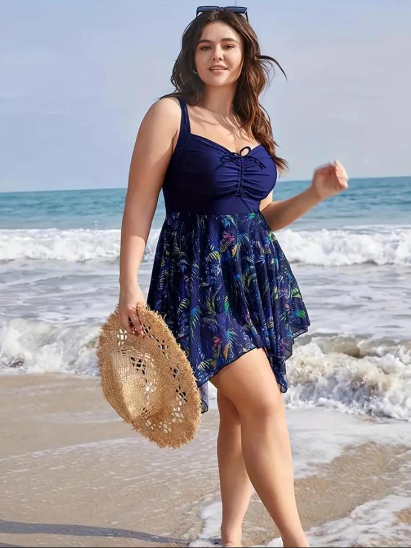 Product Introduction of Plus Size Criss Cross Drawstring Ruched Tankini Set, Boho Style Sleeveless Tank Top & Skinny Shorts, Women's Two-piece Swimsuit for Summer Beach Holiday Vacation 1