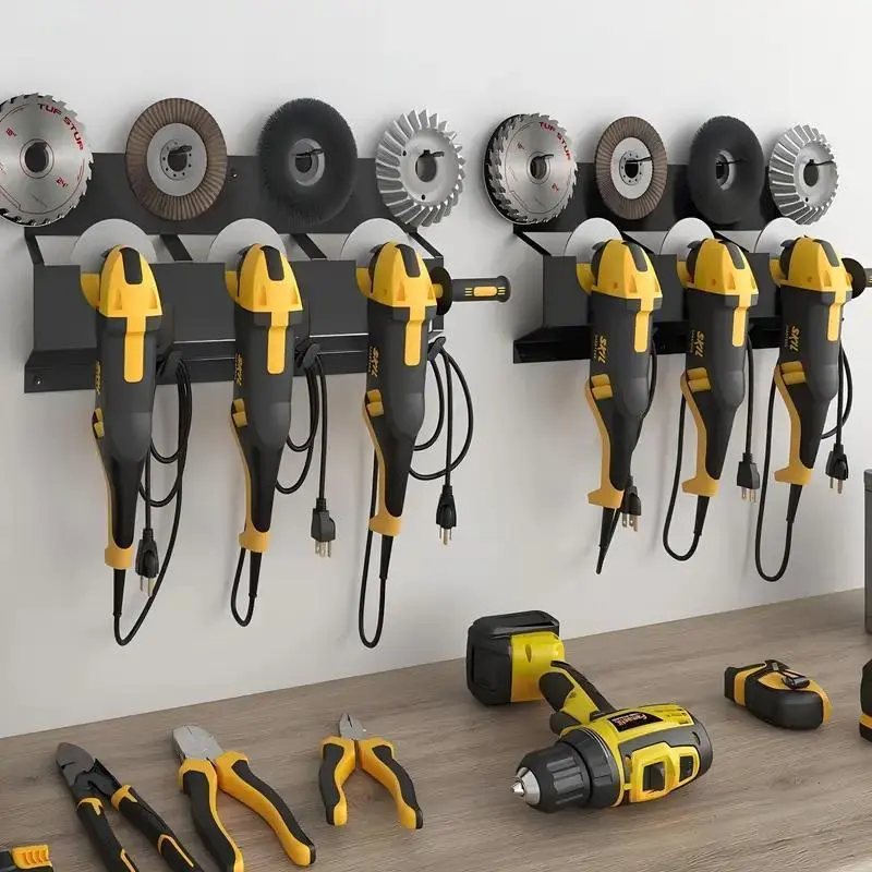 Angle Grinder Organizer, Wall Mounted Tool Stand, Durable Metal Storage Rack with Hooks for Cutters & Polishers, Perfect for Garage and Workshop Organization, Heavy Duty, Yellow