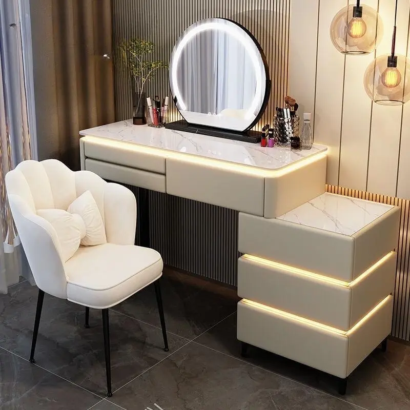 Bàn Trang Điểm Mặt Đá Ceramic Cao Cấp, phong cách hiện đại, đèn led cảm ứng tặng kèm ghế ban  trang bàn _