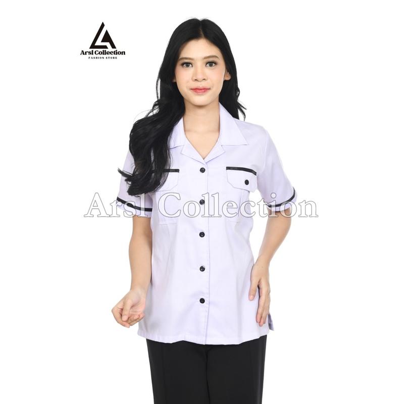 Atasan PDH Wanita – Baju Kemeja  Dinas Putih List Hitam,Polos  Formal & Nyaman 0