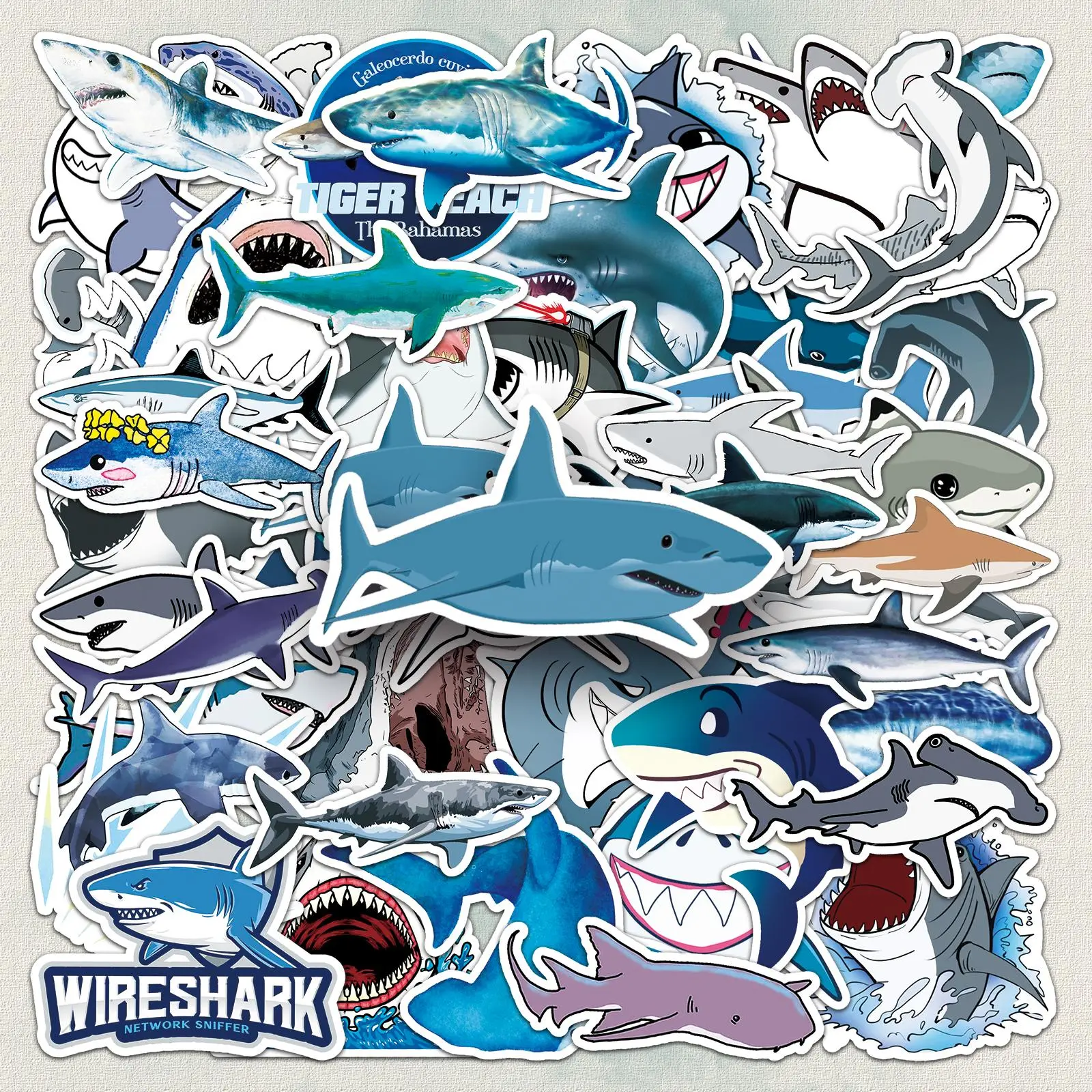 Cartoon Shark Pattern Sticker, 50pcs/set Creative DIY Decorative Sticker, Self Adhesive Decor Paper for Gift Greeting Card & Water Bottle & Laptop
