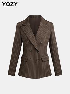 YOZY Women's Striped Print Double Button Lapel Neck Blazer Coat, Casual Long Sleeve Blazer for Work Office Business, Ladies Clothes for All Seasons