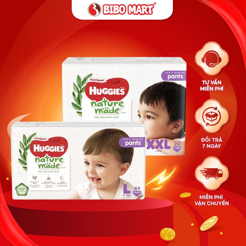 Bỉm - Tã quần Huggies Platinum Naturemade Cho Bé Trai, Bé Gái size L 44 miếng (9 - 14kg) và XXL 26 miếng (> 15kg) (Giao hàng ngẫu nhiên)