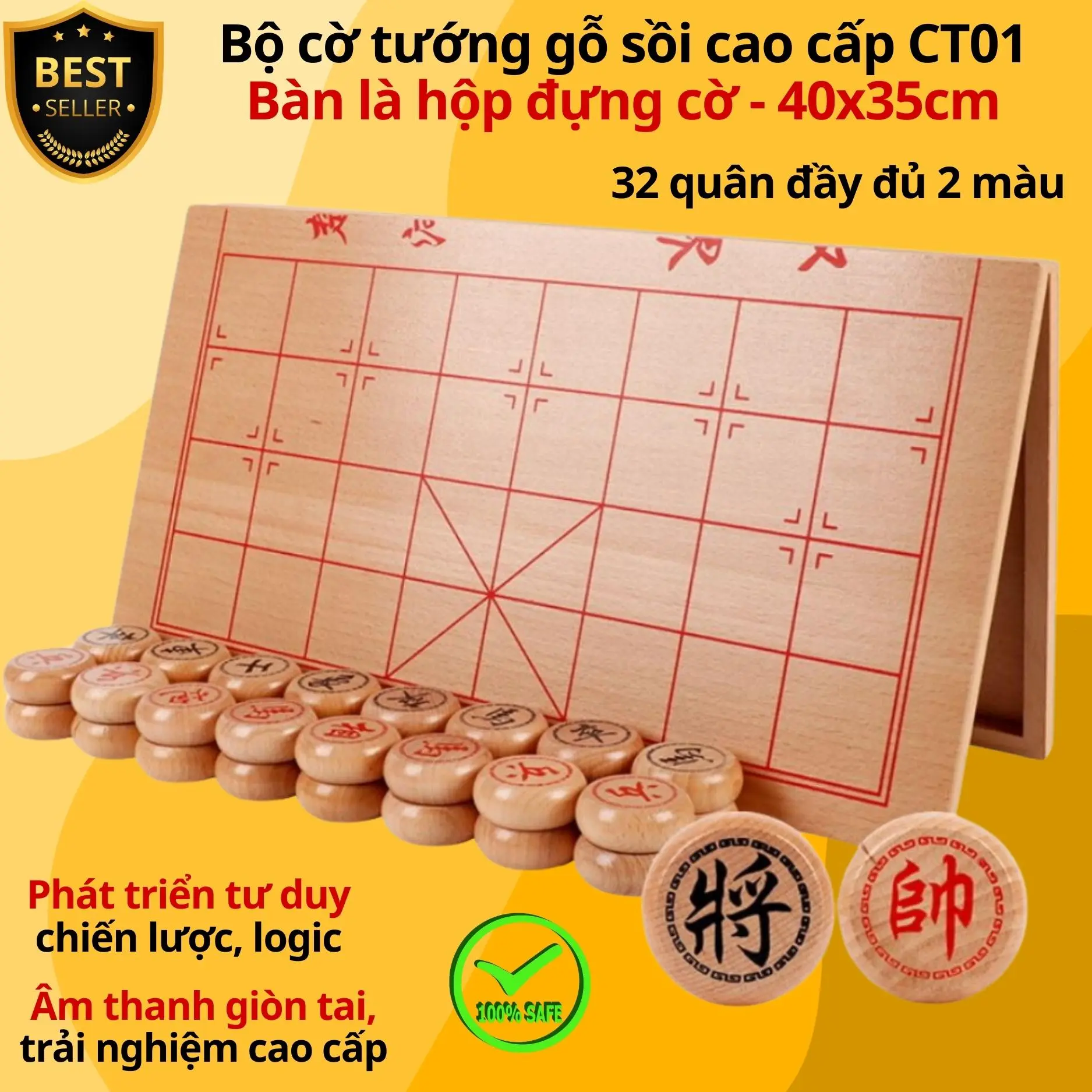 Bộ cờ tướng gỗ tự nhiên có bàn cờ 40x35cm là hộp đựng, chọn kích cỡ quân cờ 3.4cm và 3.9cm chính hãng D Danido