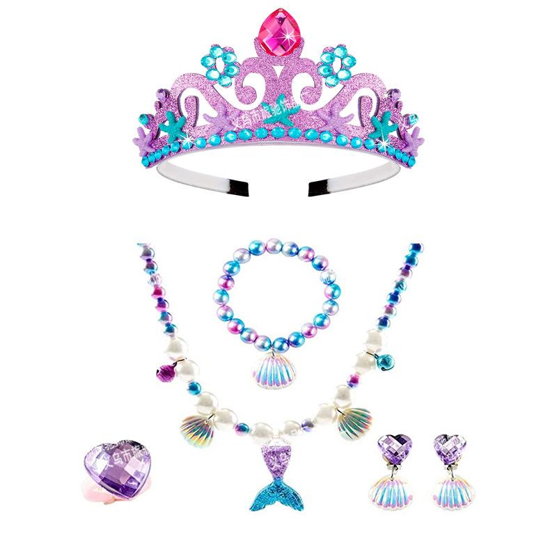 Mermaid Princess Party Headband Children's Shell Necklace Bracelet Ring Ear Clip Costume Set Accessories 1
