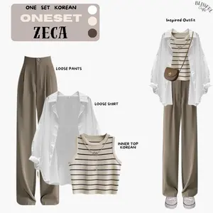 RAMADHAN SALE Zeca Oneset Outfit Wanita, Kemeja Oversize, Inner Top Wanita, Celana Kulot Wanita, OOTD Korean Baju Katun Loose Panjang