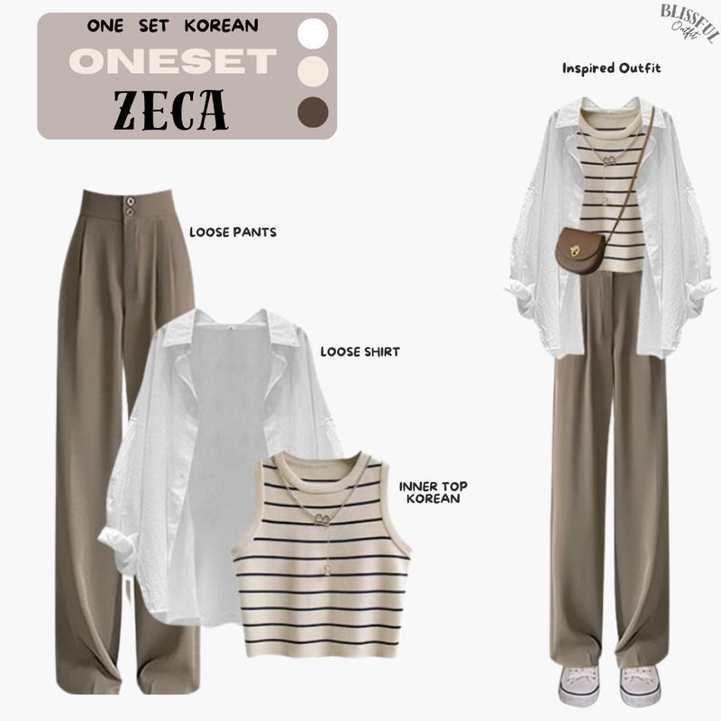 RAMADHAN SALE Zeca Oneset Outfit Wanita, Kemeja Oversize, Inner Top Wanita, Celana Kulot Wanita, OOTD Korean Baju Katun Loose Panjang 0