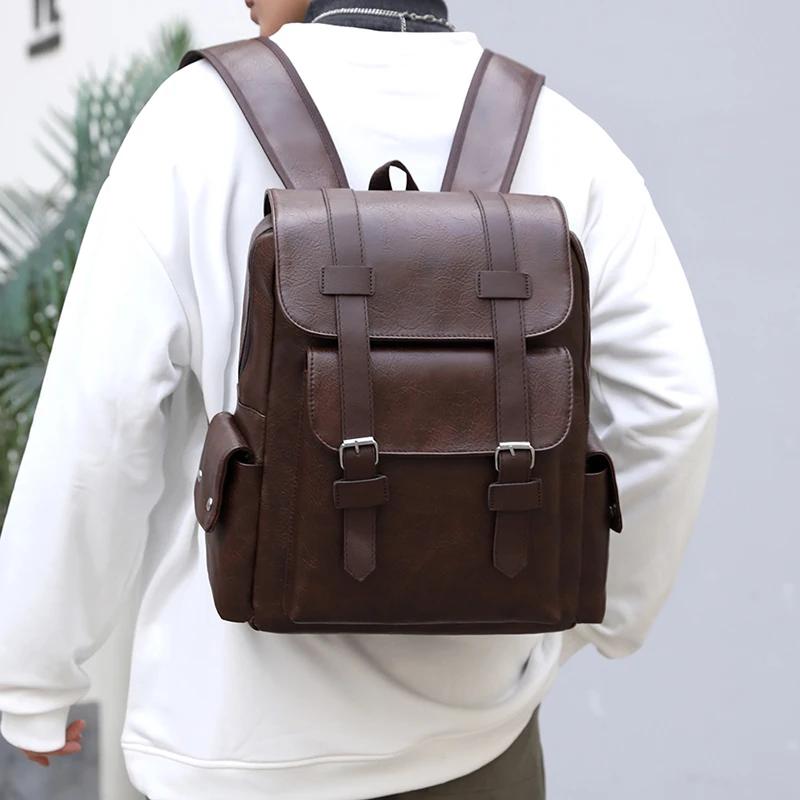 Product Introduction of Men's Backpack PU Leather Bagpack Large Laptop Backpacks Travel Multi Male  Black Schoolbag College Style 11