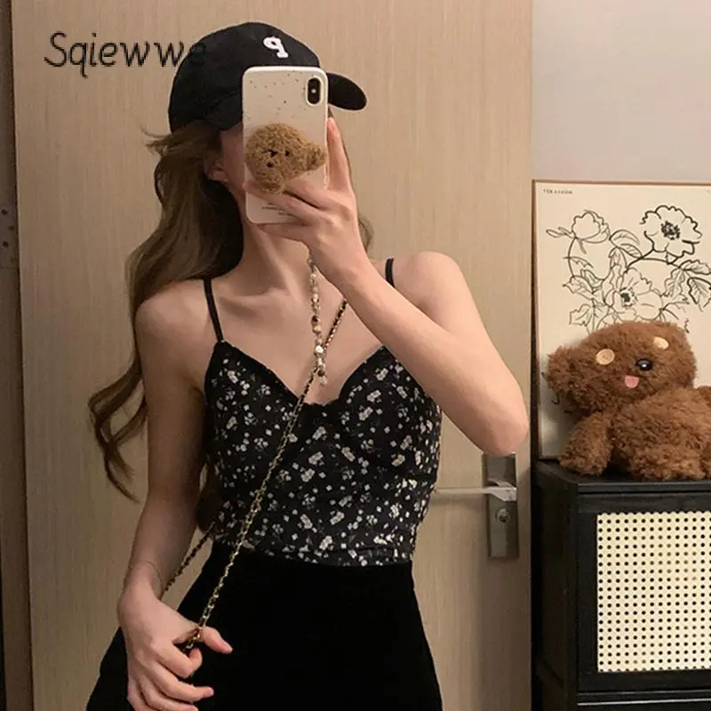 Women's Padded Crop Cami Tops Slim Lace Trim V Neck Backless Floral Camisole for Summer