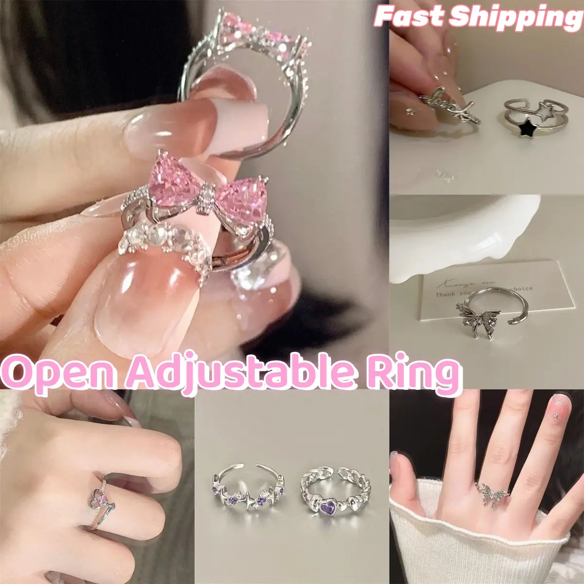 Nhẫn Nơ, Thiết Kế Đơn Giản, Hình Trái Tim, Thời Trang, Nhẫn Mở Và Có Thể Điều Chỉnh Hình Ngôi Sao Sáng Bóng, Hình Dạng Bất Đối Xứng, Thiết Kế Hình Vuông, Thích Hợp Cho Bé Gái, Phụ Kiện Thời Trang