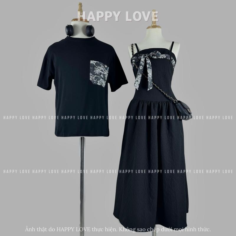 Product Introduction of Đồ đôi nam nữ mùa hè hàn quốc áo thun nam váy nữ dáng dài màu đen kèm dây thắt nơ HAPPYLOVE H181 12