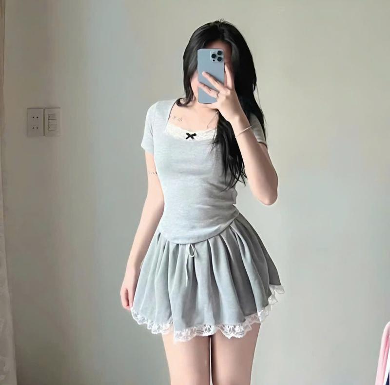 Chân váy xếp ly hộp phối ren chất tăm hàn cạp chun co giãn 40_60kg có quần bảo hộ top women hottrend - Bo Chun Màu Xám 3