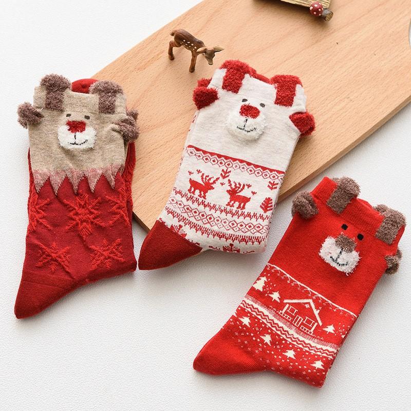 Christmas Socks for Women, Mid-Calf Socks, Autumn and Winter Women's Socks, Reindeer 3D Ears Mid-Cal