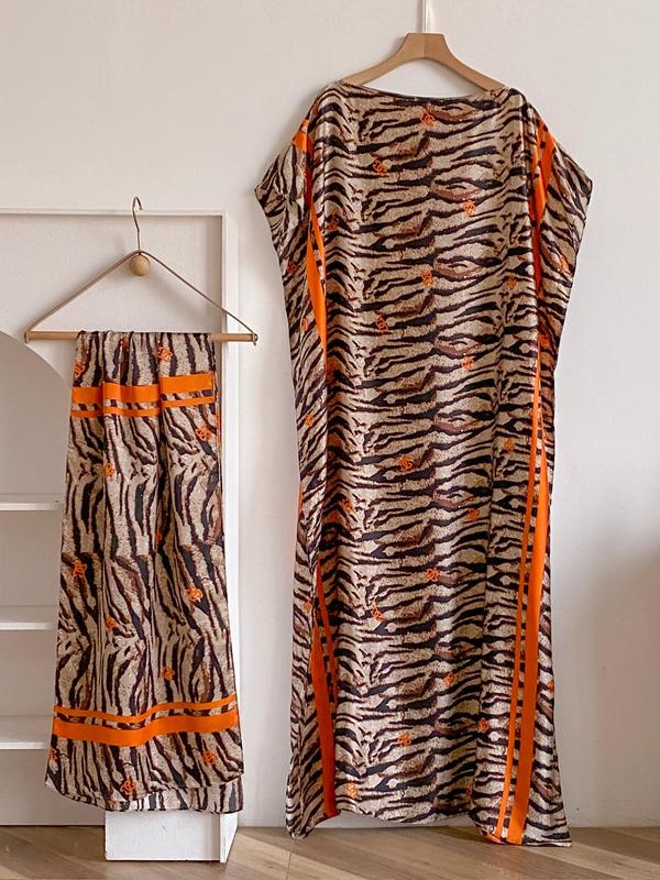 Women's Random Leopard Print Long Sleeve Open Front Shawls & Scarf Set, Casual Shawl & Scarf Set for Beach Vacation, Fashion Accessories for Women 5