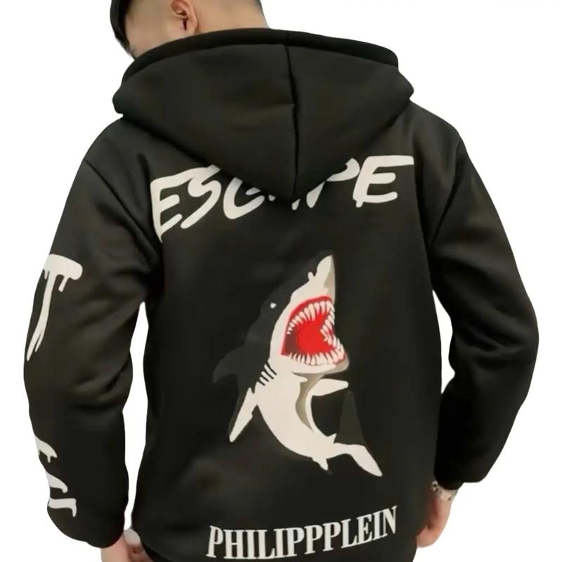 ÁO KHOÁC NỈ HOODIE CÁ MẬP LOGO SẮT,CHẤT NỈ BÔNG DẶN,MŨ 2 LỚP,NAM NỮ HOTREN 2024 Menswear Nhung Dài Tay Kem áo  philipp plein sau lưng áo  philipp
