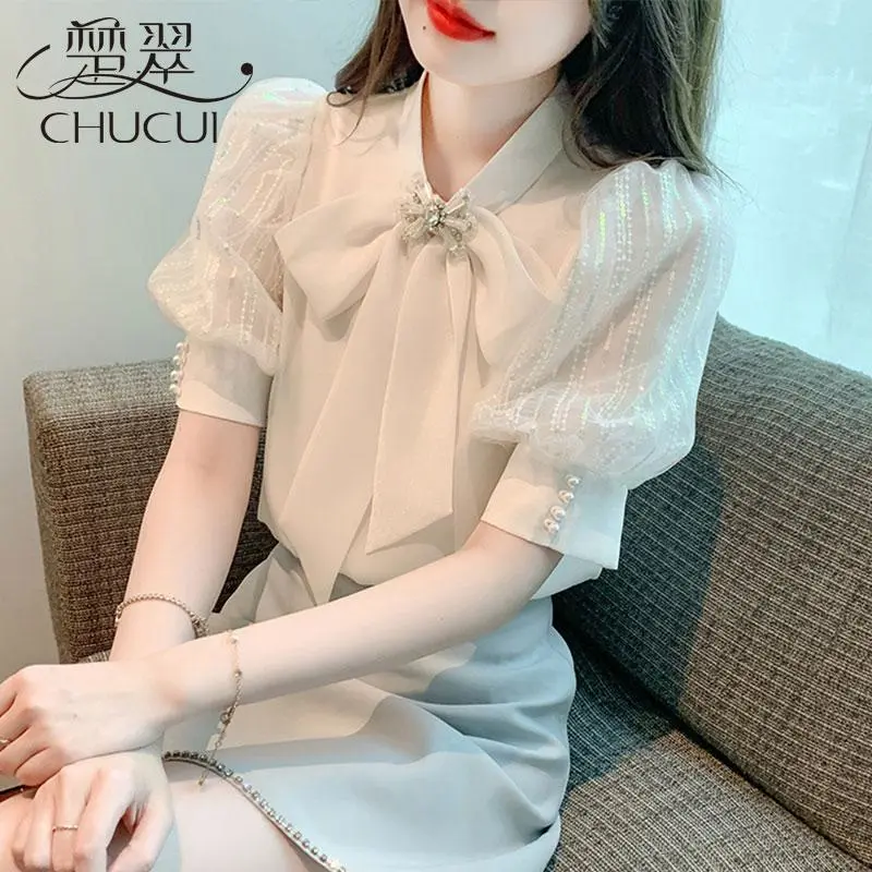 Áo Sơ Mi Voan Ngắn Tay, Dành Cho Phụ Nữ, Phong Cách Phương Tây Mùa Hè, Trông Trẻ Trung, Áo Sơ Mi Nhỏ Áo Phông Mới 2024, Áo Tay Phồng