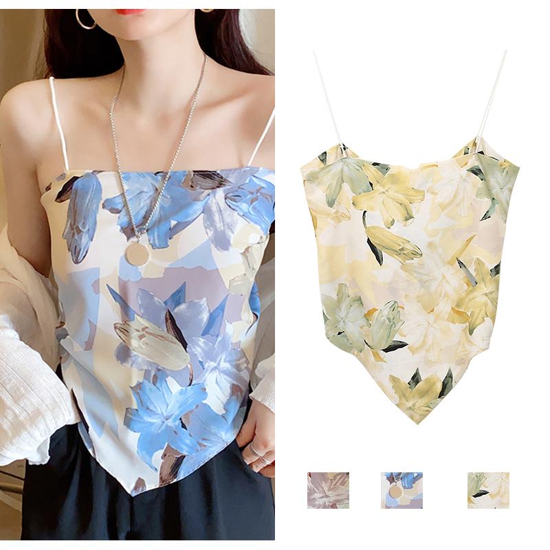Product Introduction of Women Tie Knot Back Camisole, Spaghetti Strap Sleeveless Floral Print Hanky Hem Cami Tops 22