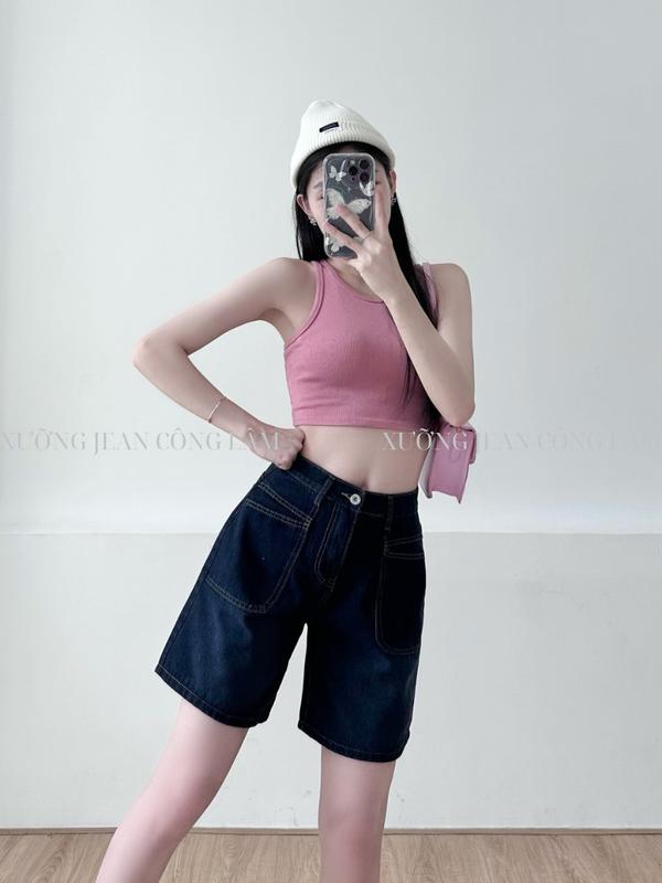 Quần jean ngố nữ lưng cao ống rộng phối túi trước cá tính (S27) 3